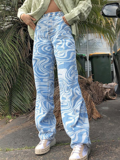 Women's loose water ripple printed straight denim trousers