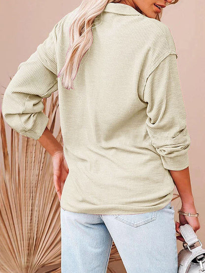 Women's casual solid color zipper V-neck long-sleeved rib sweatshirt