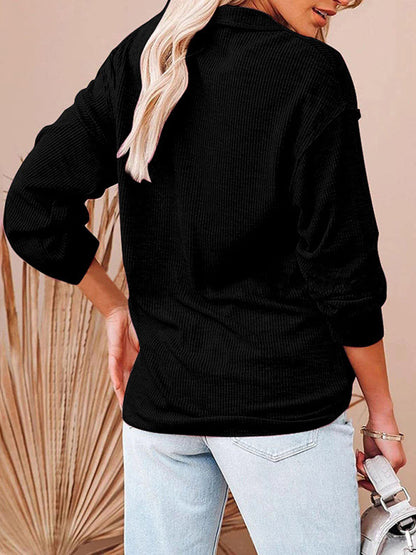 Women's casual solid color zipper V-neck long-sleeved rib sweatshirt