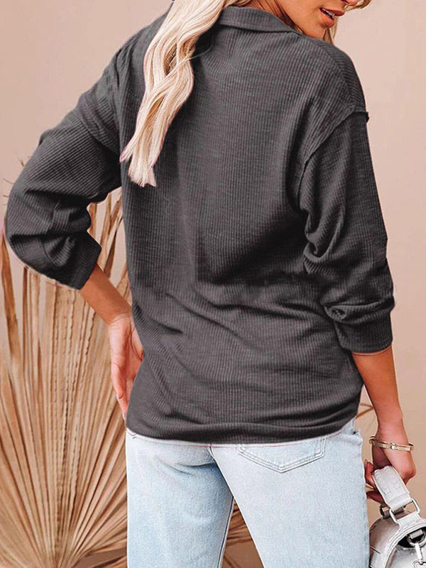 Women's casual solid color zipper V-neck long-sleeved rib sweatshirt