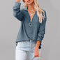 Women's casual solid color zipper V-neck long-sleeved rib sweatshirt