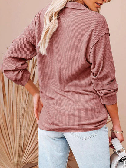 Women's casual solid color zipper V-neck long-sleeved rib sweatshirt