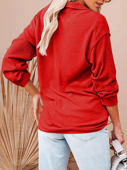 Women's casual solid color zipper V-neck long-sleeved rib sweatshirt