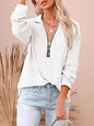 Women's casual solid color zipper V-neck long-sleeved rib sweatshirt