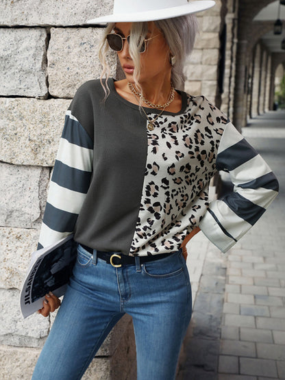 Women's Colorblock Leopard Print Stripe Long Sleeve Top