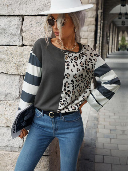 Women's Colorblock Leopard Print Stripe Long Sleeve Top