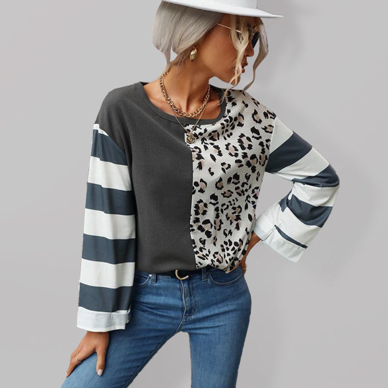 Women's Colorblock Leopard Print Stripe Long Sleeve Top