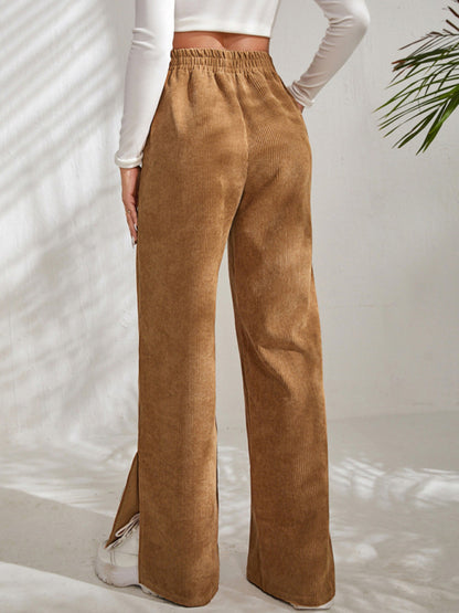 Women's solid color corduroy paneled slit wide-leg trousers