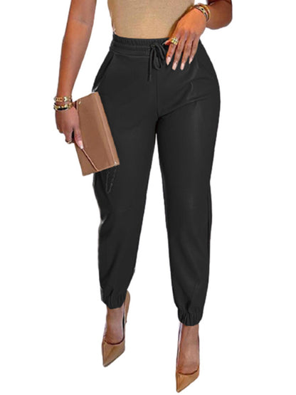 Women's Solid Color Drawstring Pocket Leggings Leather Pants