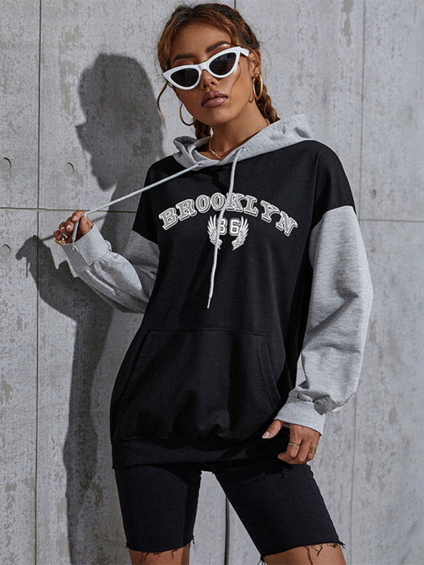 Women's Colorblock Printed Letter Hooded Sweatshirt