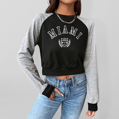 Women's Sports College Style Round Neck Raglan Sleeves Color Block Sweatshirt