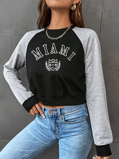 Women's Sports College Style Round Neck Raglan Sleeves Color Block Sweatshirt