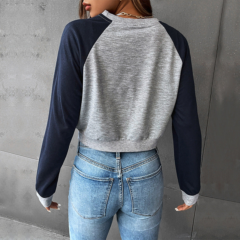 Women's Sports College Style Round Neck Raglan Sleeves Color Block Sweatshirt