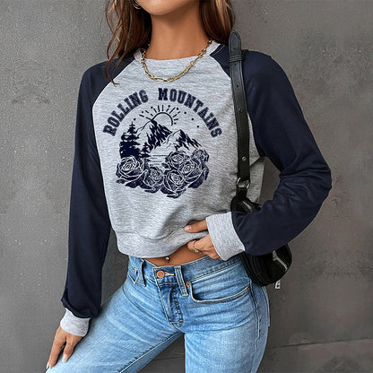 Women's Sports College Style Round Neck Raglan Sleeves Color Block Sweatshirt