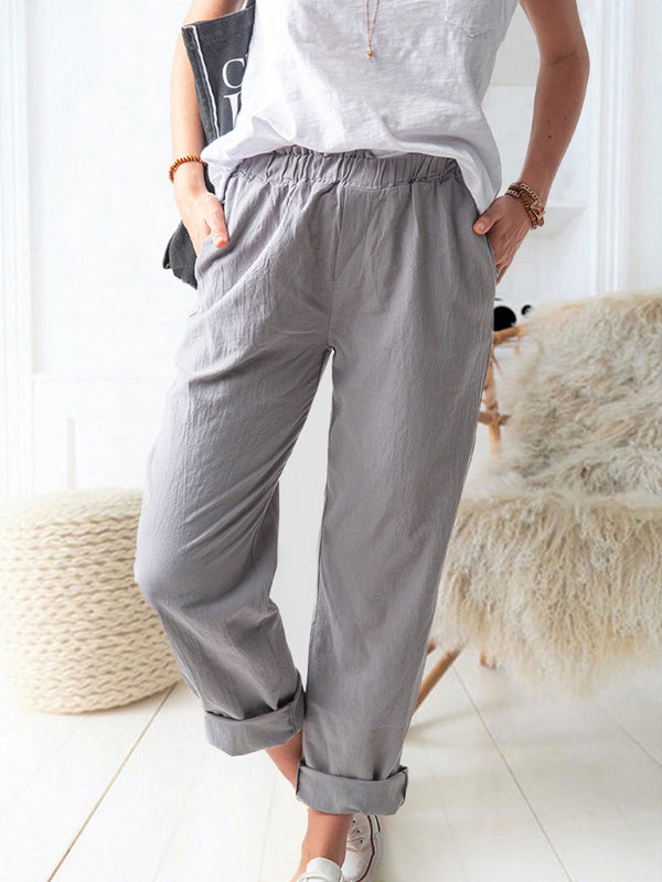 New style solid color casual elastic high waist straight trousers women