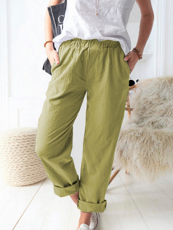 New style solid color casual elastic high waist straight trousers women