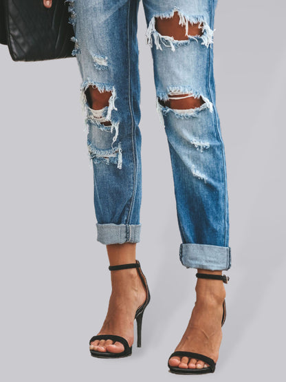 New casual washed ripped straight leg street style jeans