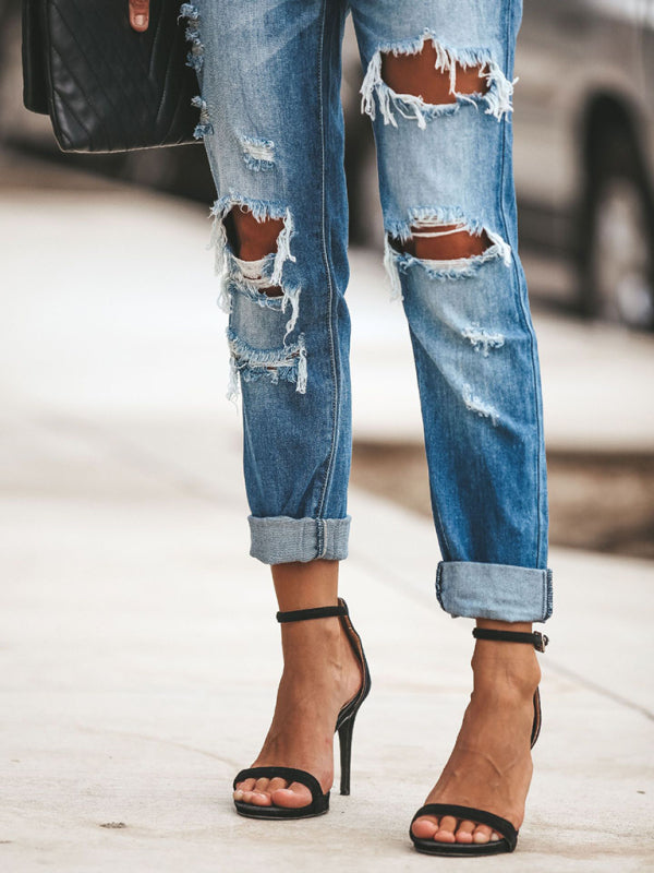 New casual washed ripped straight leg street style jeans