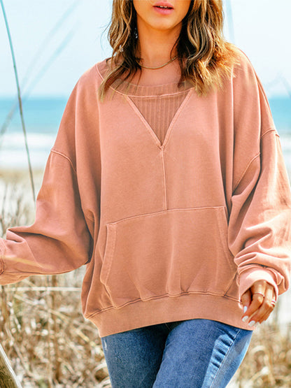 Women's Loose Threaded Stitching Long Sleeve Kangaroo Pocket Pullover Sweatshirt