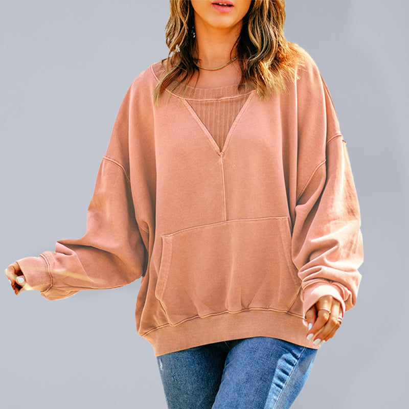 Women's Loose Threaded Stitching Long Sleeve Kangaroo Pocket Pullover Sweatshirt