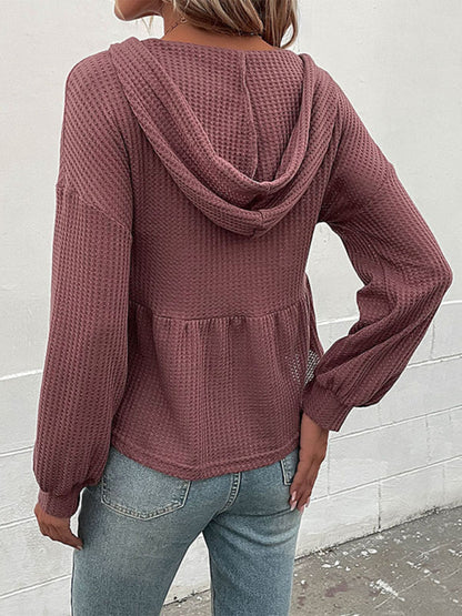 Women's knitted hooded V-neck waffle long-sleeved top