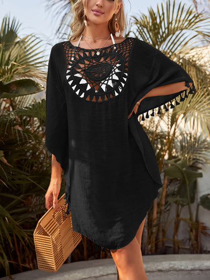Sexy off-shoulder hollow loose tassel bikini with ins wind and beach blouse
