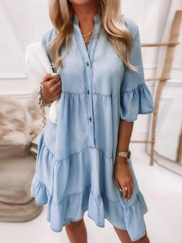 Women's solid color half-sleeved A-line denim dress