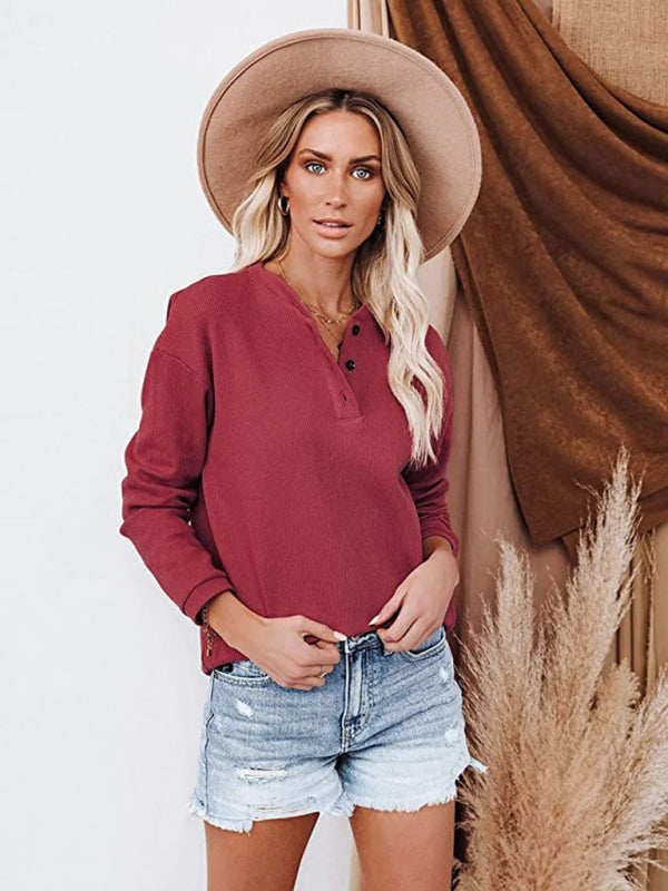 Women's Clothes Amazon Hot Style V-neck Solid Color Long-sleeved Top T-Shirt Women