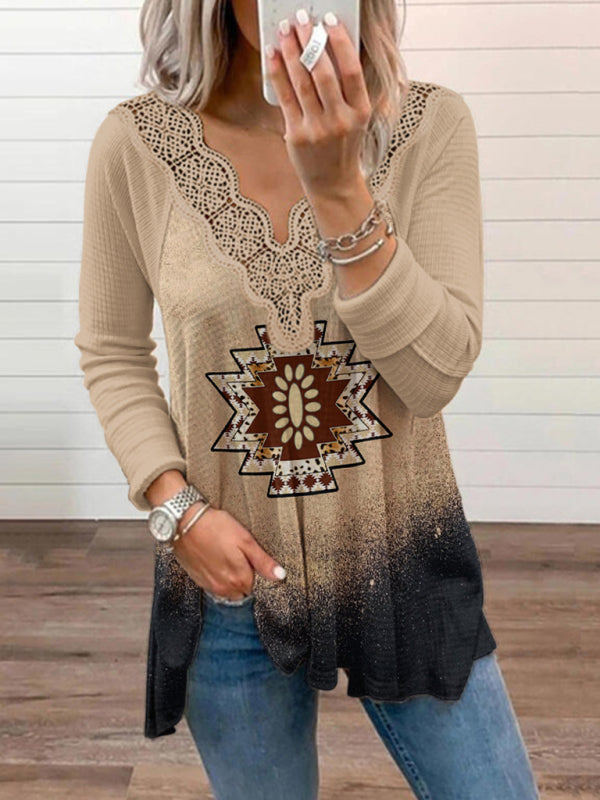 Women's Knitted Casual Ethnic Aztec Print Lace Top