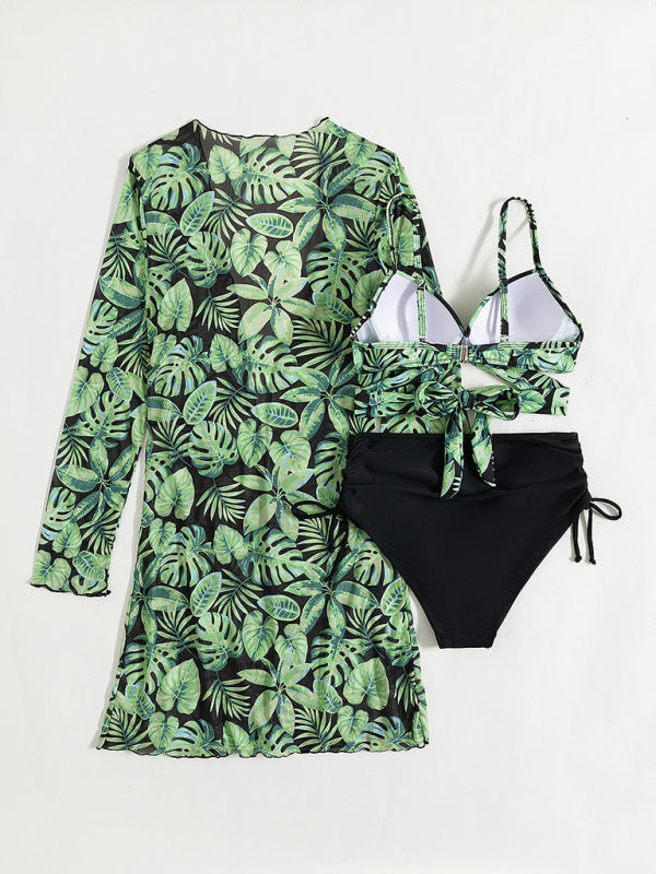 Women's tropical print bikini three-piece sets