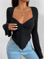 Women's knitted sexy sweetheart collar trumpet sleeve irregular long-sleeved T-shirt