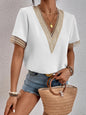 Women's solid V-neck lace short-sleeved top