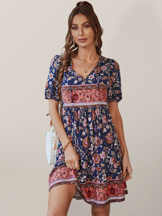 Women's Woven V-Neck Short Sleeve Bohemian Resort Dress