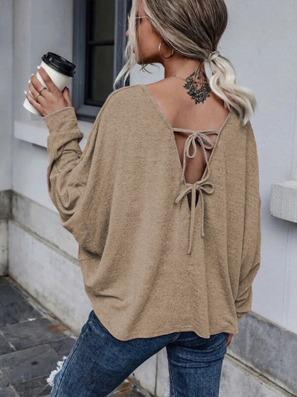 Solid color loose tie back drop shoulder T-shirt loose casual all-match