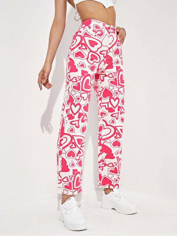 Women's Loose Love Print Straight Denim Trousers