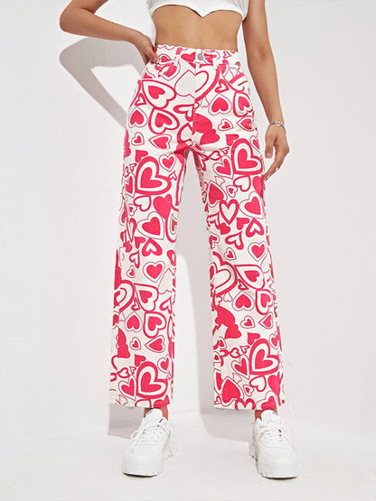 Women's Loose Love Print Straight Denim Trousers