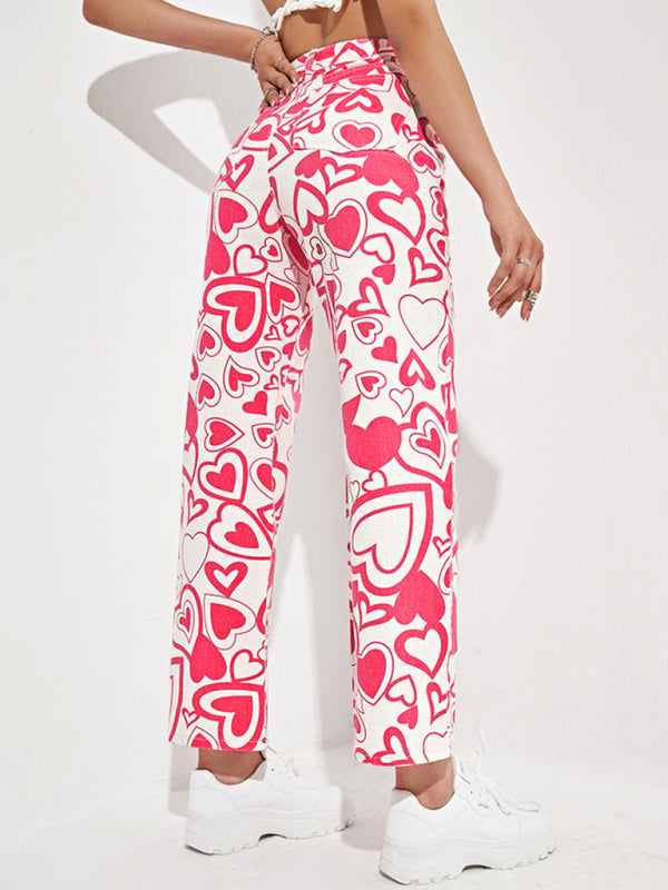 Women's Loose Love Print Straight Denim Trousers