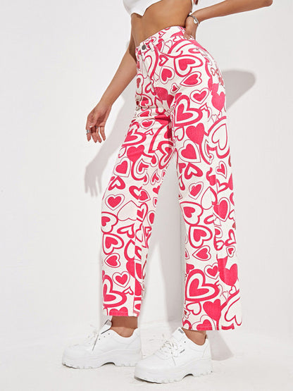 Women's Loose Love Print Straight Denim Trousers