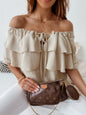 Women's Solid Color 3/4-sleeves Double-ruffled Off-the-shoulder Tie-neck Blouse
