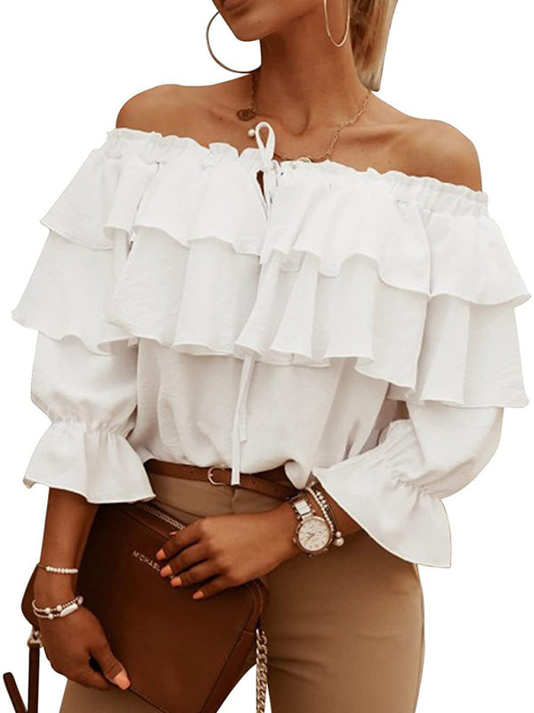 Women's Solid Color 3/4-sleeves Double-ruffled Off-the-shoulder Tie-neck Blouse