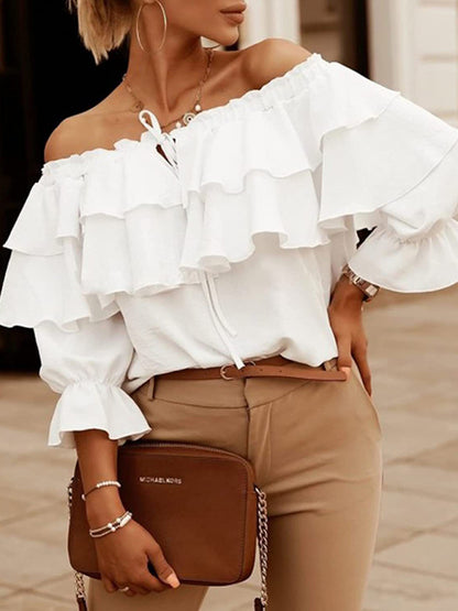 Women's Solid Color 3/4-sleeves Double-ruffled Off-the-shoulder Tie-neck Blouse