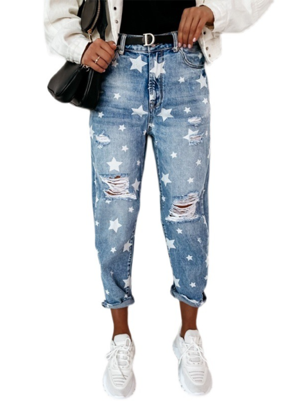 Women's star pattern ripped wash jeans