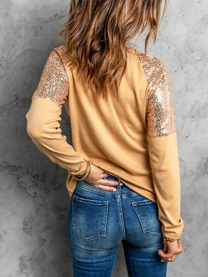 Women's Solid Color Long Sleeve Knit Top With Sequin For Detail