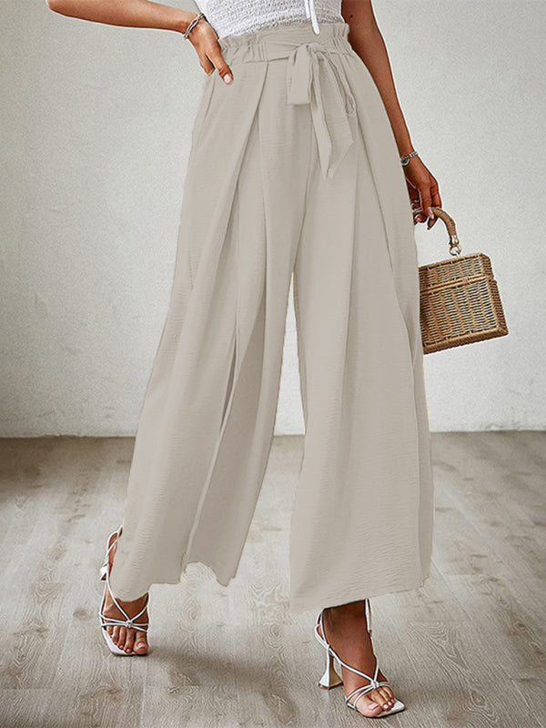 New bow loose high waist pleated wide leg pants with belt pants