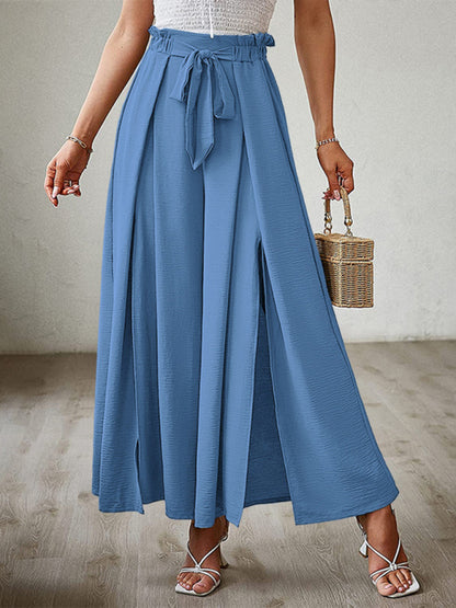 New bow loose high waist pleated wide leg pants with belt pants