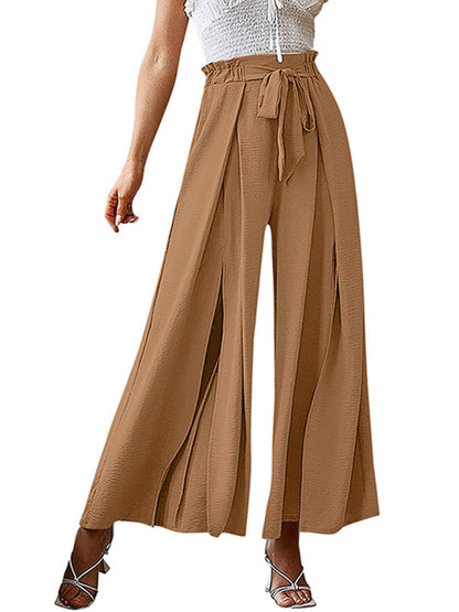 New bow loose high waist pleated wide leg pants with belt pants