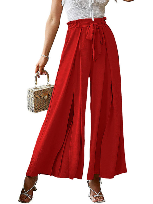 New bow loose high waist pleated wide leg pants with belt pants