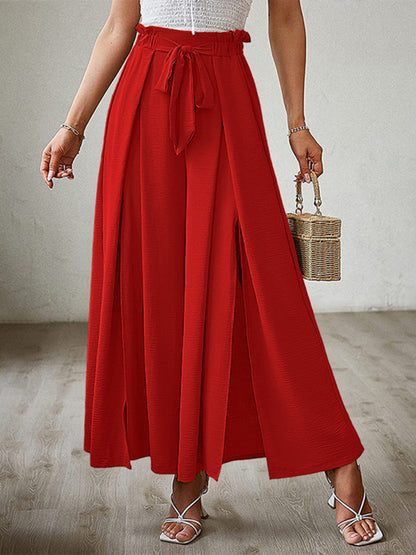 New bow loose high waist pleated wide leg pants with belt pants