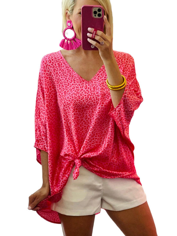 Women's Woven Trendy Loose V Neck Leopard Print Top