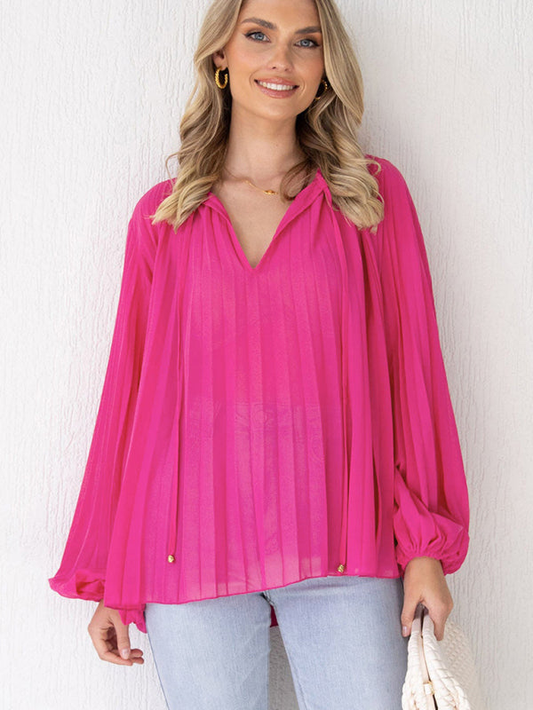 Women's Tie Front Chiffon Pleated Blouse